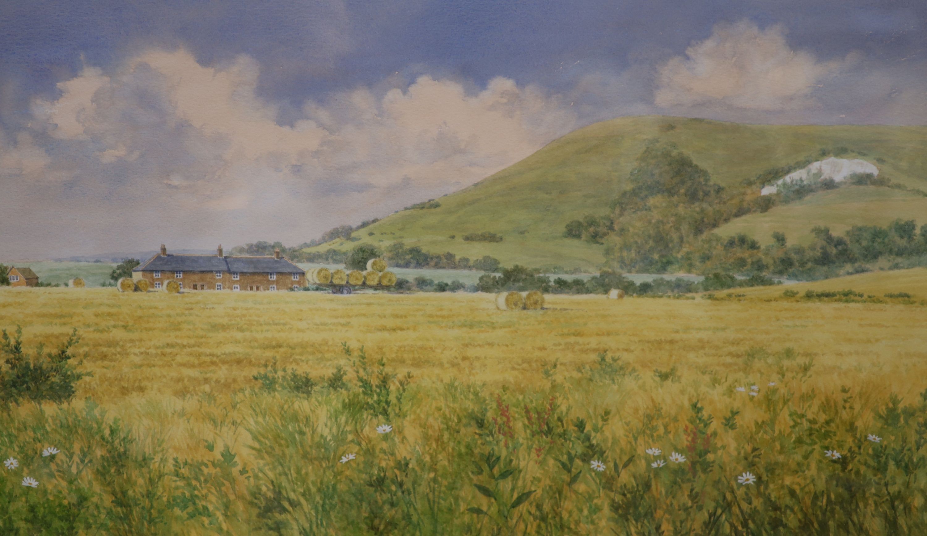 Neville Smith, watercolour, Poppies on the South Downs at Bury Hill, West Sussex, signed, 39 x 56cm and Michael Cruickshank, watercolour, 'Collecting bales below Mount Caburn, 30 x 53cm